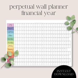 May include: A perpetual wall planner for the financial year featuring a grid with rows for months from July to June. Each month row has numbered columns from 1 to 31. The month names are displayed in a vertical column with a rainbow color gradient.