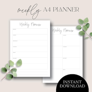 May include: Two printable A4 weekly planner pages with a simple design. The pages are blank and have lines for each day of the week. The text "Weekly Planner" is at the top of each page.