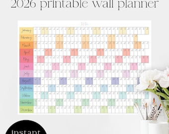 2026 Wall Planner Printable Calendar, Rainbow, School Calendar, Linear Calendar, 2025 Year Planner A1 A2 A3 Planner, Classroom planner