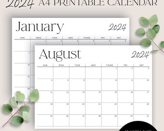 2024 Printable Calendar A4, 12 Month Calendar, Wall Art, 7 day, Monthly Calendar, Desk Calendar, Digital Calendar, Sunday Start, DIY