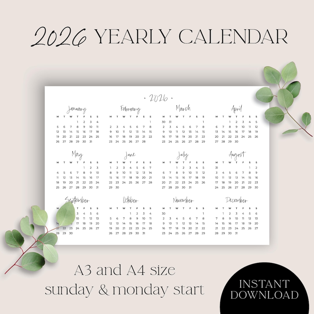 2026 A4 and A3 Printable Calendar, 12 Month Calendar, Yearly Calendar