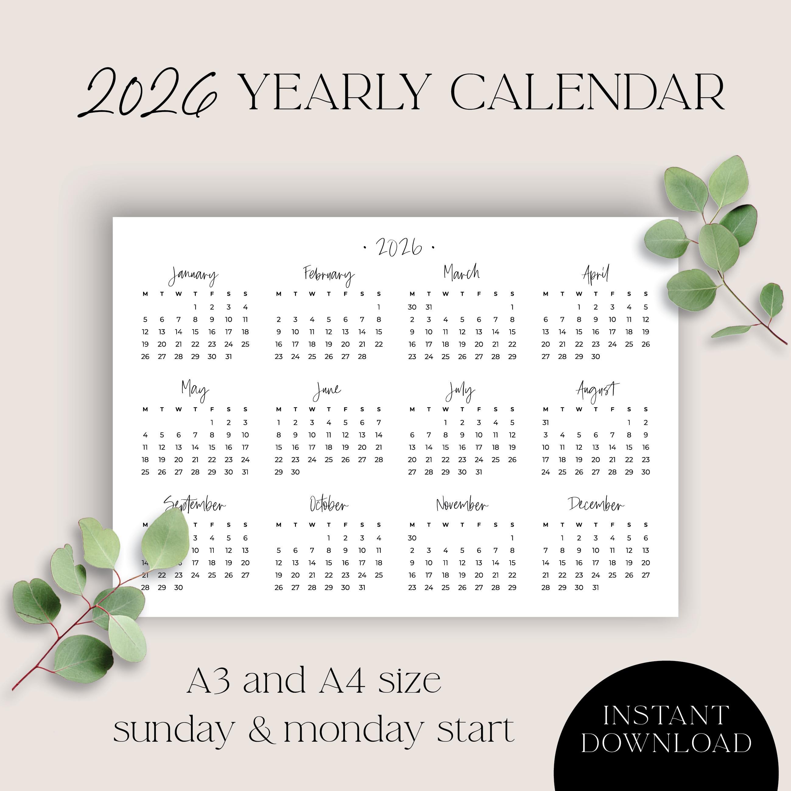 2026 Printable Calendar: A3/A4 Size, Sunday/monday Start (PDF & JPEG ...