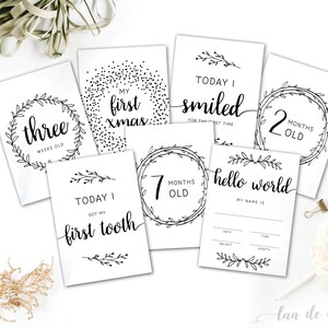 Tarjetas de hitos para bebés imprimibles x25 A6 Recién nacido monocromo baby shower regalo primer año conjunto de tarjetas foto prop primeros dientes pasos postal corona