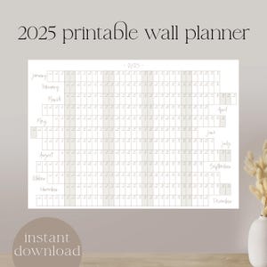 Calendario imprimible de pared 2025, beige, calendario escolar, fines de semana alineados, planificador anual 2025, A1, A2, A3, planificador de viaje lineal