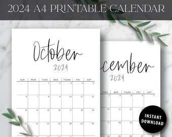 2024 Printable Calendar A4, 12 Month Calendar, Wall Art, 7 day, Monthly Calendar, Desk Calendar, Digital Calendar, Sunday Start