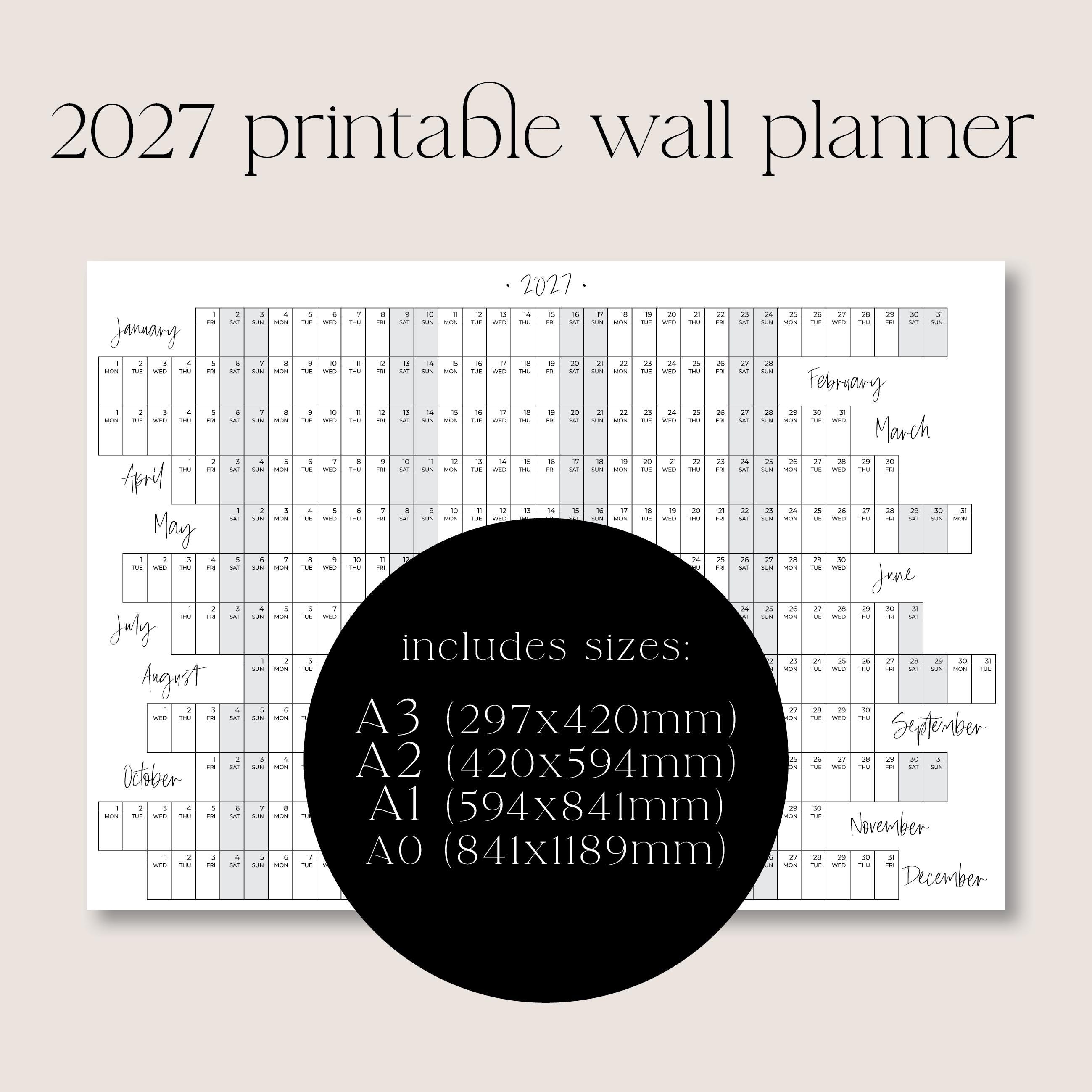 2027 Wall Planner, Printable Calendar, Family Calendar, Aligned