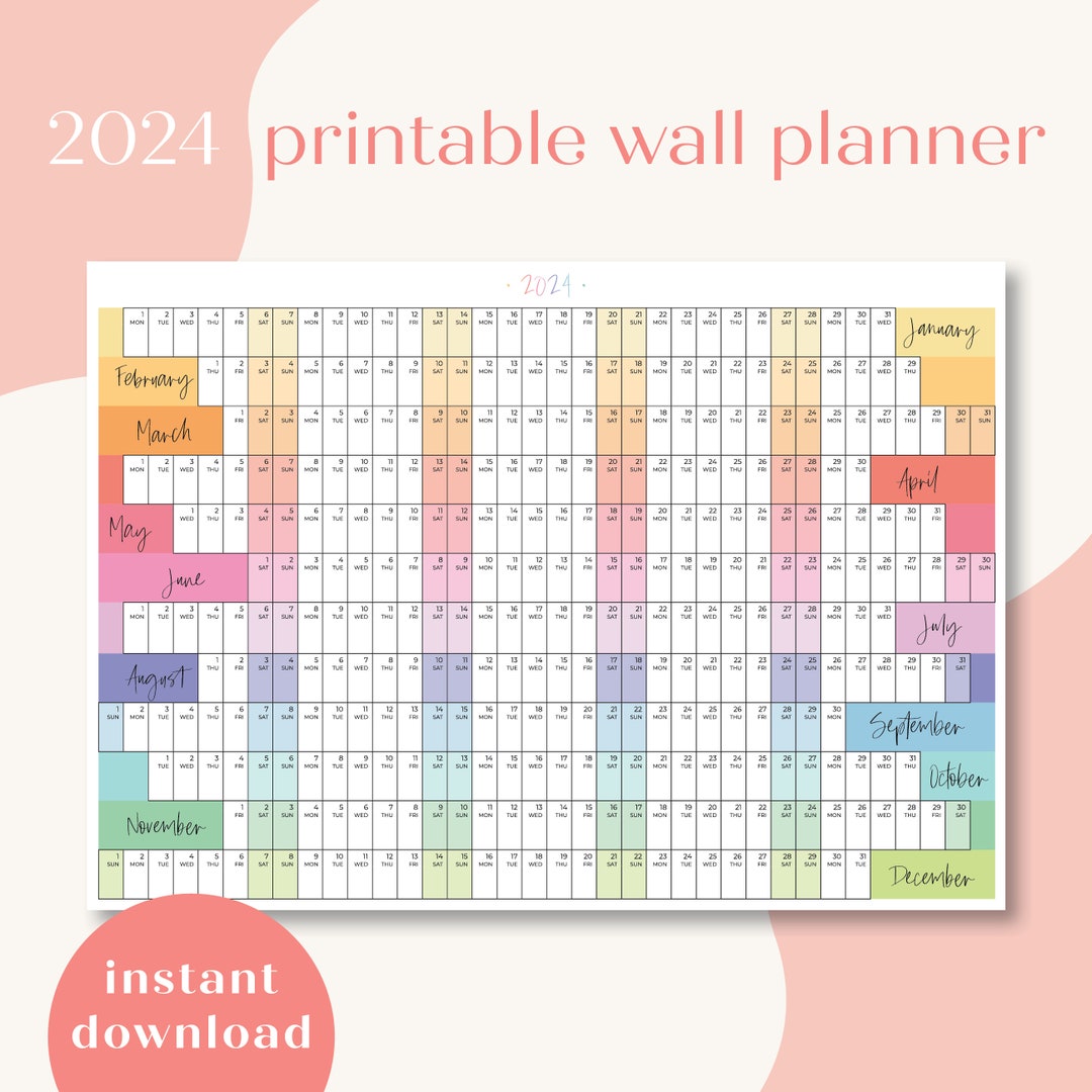 2024 School Wall Planner Printable Calendar Rainbow School Calendar