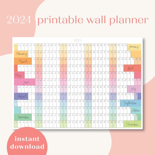 2024 School Wall Planner Printable Calendar | Rainbow | School Calendar | Aligned weekends | 2024 Year Planner A1 A2 A3 Planner | Classroom