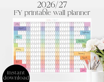 2026/2027 Australia Financial Year Wall Planner: Rainbow Calendar (Digital Download)