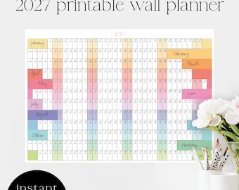 Calendario escolar de pared Arcoíris 2027: A1, A2, A3 (Descarga digital) Planificador escolar, planificador anual, planificador imprimible