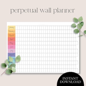 May include: A printable perpetual wall planner with a rainbow color scheme. The planner has a column for each day of the month and a row for each month of the year. The months are labeled with handwritten text in a rainbow color scheme.