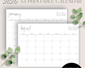 2026 Printable Calendar A4, 12 Month Calendar, Wall Art, 7 day, Monthly Calendar, Desk Calendar, Digital Calendar, Sunday and Monday Start