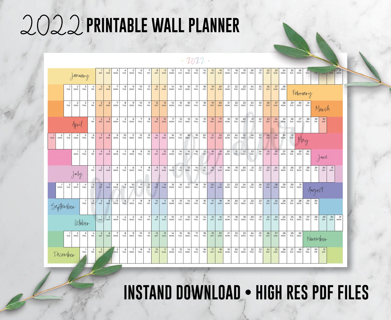 2022 wall planner printable calendar rainbow family etsy