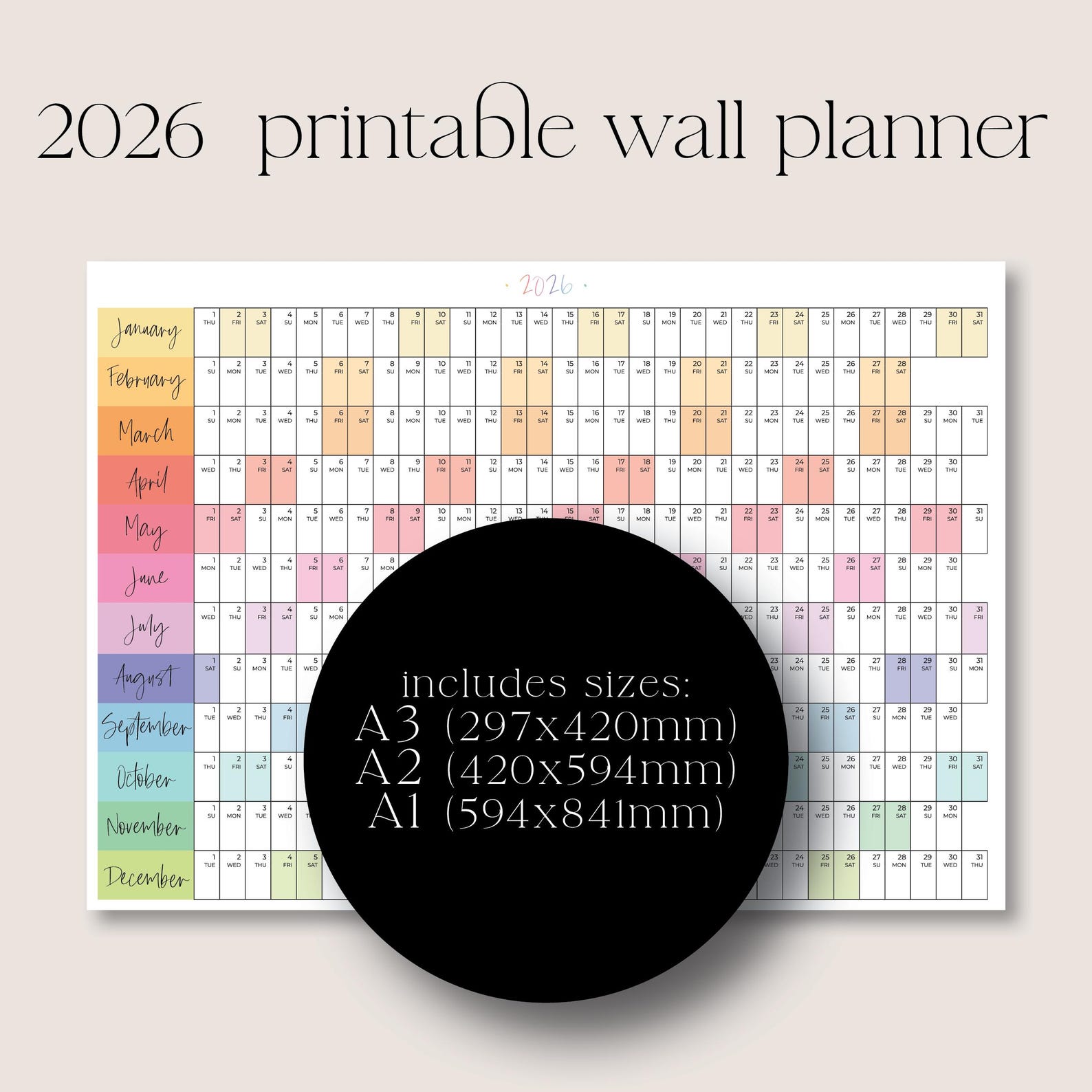 2026 Wall Planner, Printable Calendar, Rainbow, Family Calendar