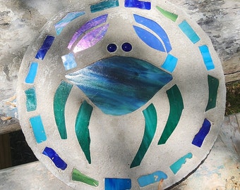 Crab Stepping Stone, 14", Solid Concrete, Stained Glass Inlay, Fun and Functional!  Hand Made In My Garage!