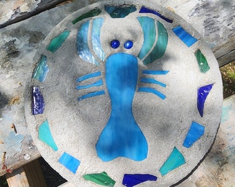 Lobster Stepping Stone, 14", Solid Concrete, Stained Glass Inlay, Fun and Functional!  Hand Made In My Garage!