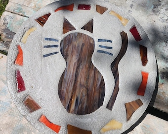 Cat Stepping Stone, 14", Solid Concrete, Stained Glass Inlay, Fun and Functional!  Hand Made In My Garage!