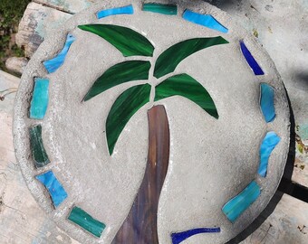 Palm Tree Stepping Stone, 14", Solid Concrete, Stained Glass Inlay, Fun and Functional!  Hand Made In My Garage!