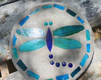 Dragon Fly Stepping Stone, 14", Solid Concrete, Stained Glass Inlay, Fun and Functional!  Hand Made In My Garage!