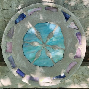 Sand Dollar Stepping Stone, 14&quot;, Solid Concrete, Stained Glass Inlay, Fun and Functional!  Hand Made In My Garage!