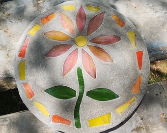 Flower Stepping Stone, 14", Solid Concrete, Stained Glass Inlay, Fun and Functional!  Hand Made In My Garage!