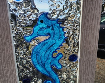 Sea Horses, Crushed Stained Glass, Art Resin, Acrylic Paints, Window/Wall Art, 32" x 8.5", Easy to Hang, Light Weight