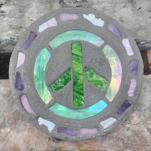 PEACE Stepping Stone, 14", Solid Concrete, Stained Glass Inlay, Fun and Functional!  Hand Made In My Garage!