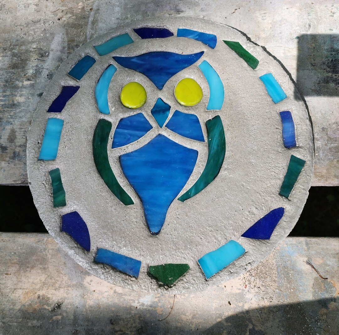 Owl Stepping Stone, 14, Solid Concrete, Stained Glass Inlay, Fun and