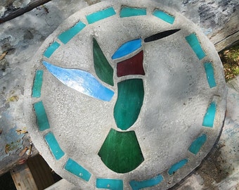Hummingbird Stepping Stone, 14", Solid Concrete, Stained Glass Inlay, Fun and Functional!  Hand Made In My Garage!