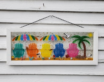 Beach Chairs, Adirondack Chairs, Palm Tree, Crushed Stained Glass, Paints, Resin, Window or Wall Art