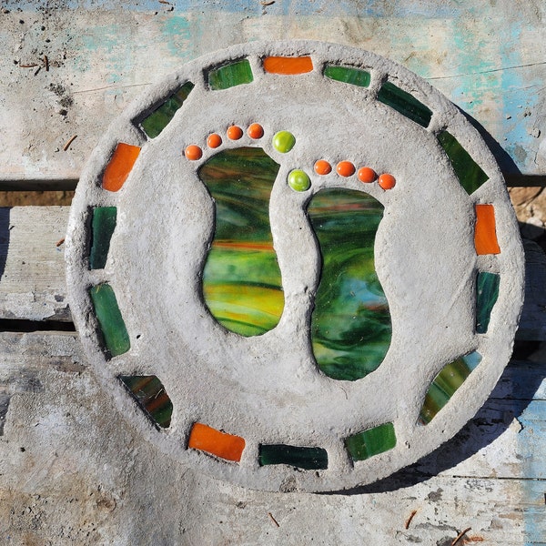 Feet Stepping Stone, 14", Solid Concrete, Stained Glass Inlay, Fun and Functional!  Hand Made In My Garage!