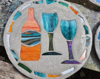 18"  Wine Stepping Stone, concrete and hand cut stained glass inlay.  In Stock.  Ready to ship.  Stone pictured if what I send you.