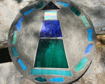 Light House Stepping Stone, 14", Solid Concrete, Stained Glass Inlay, Fun and Functional!  Hand Made In My Garage!