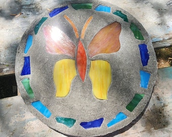 Butterfly Stepping Stone, 14", Solid Concrete, Stained Glass Inlay, Fun and Functional!  Hand Made In My Garage!