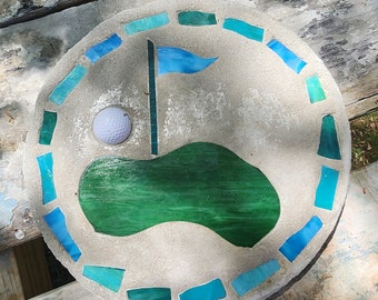 Golf Green Stepping Stone, 14", Solid Concrete, Stained Glass Inlay, Fun and Functional!  Hand Made In My Garage!