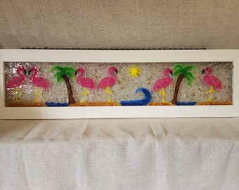 Flamingoes Crushed Stained Glass, Art Resin, Acrylic Paints, Window/Wall Art 32" x 8.5", Easy to Hang, Light Weight