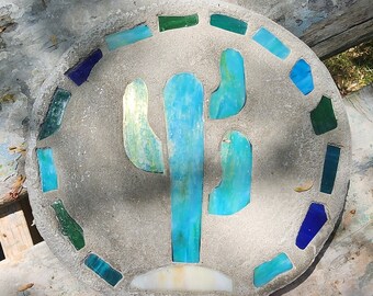 Cactus Stepping Stone, 14", Solid Concrete, Stained Glass Inlay, Fun and Functional!  Hand Made In My Garage!