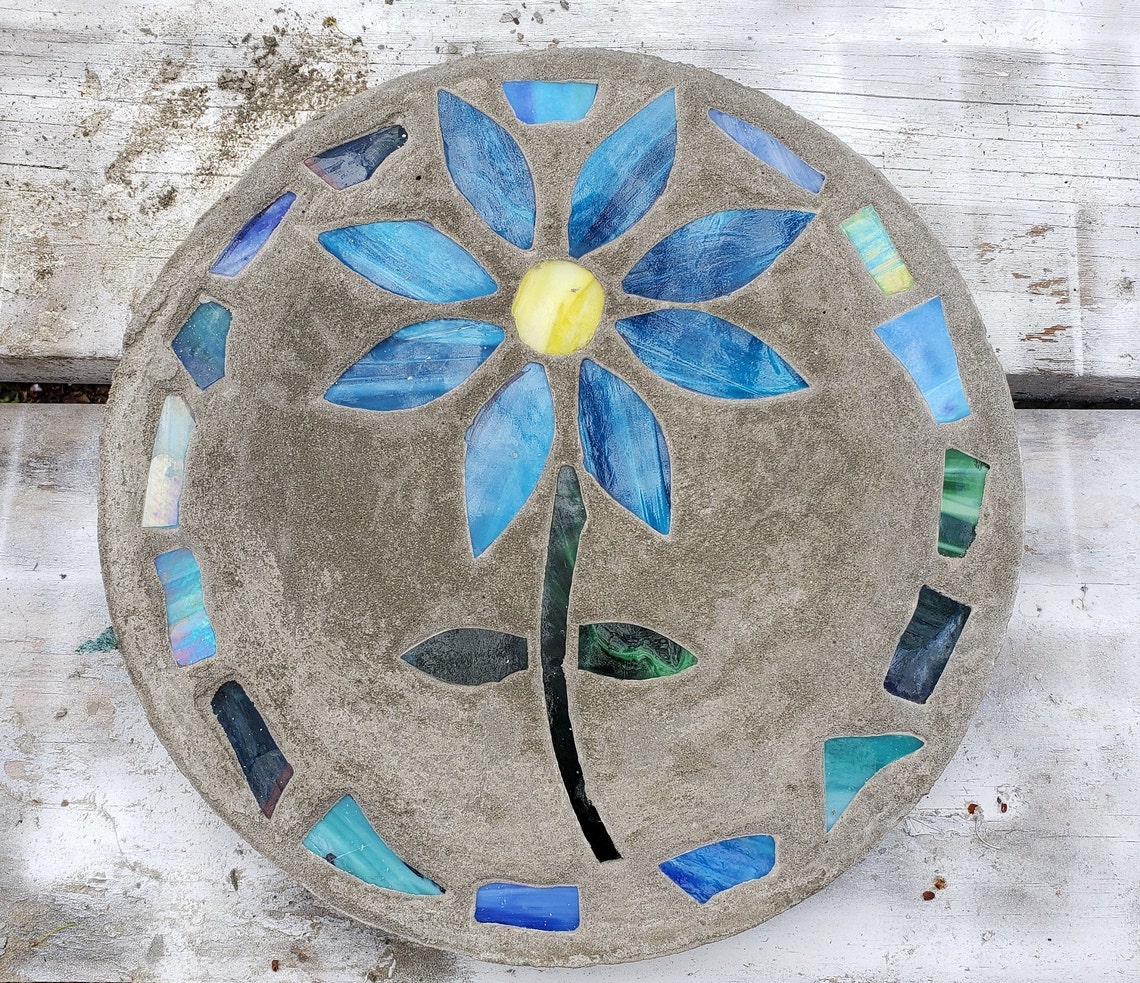 Flower Stepping Stone 14 Solid Concrete Stained Glass Etsy