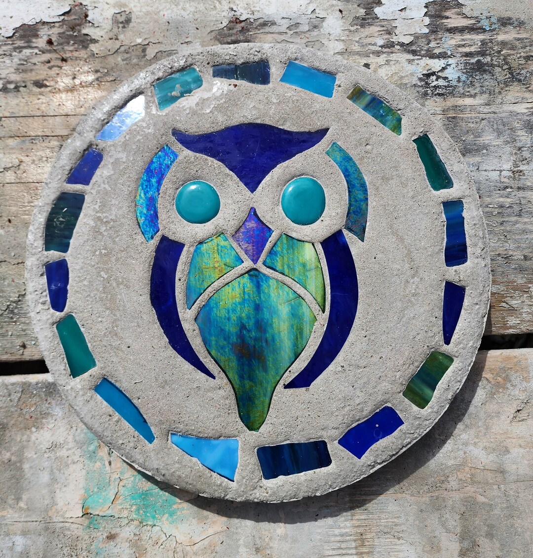 Owl Stepping Stone 14 Solid Concrete Stained Glass Etsy