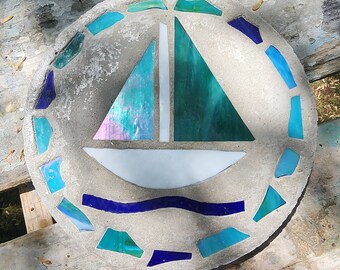 Boat Sail Boat Stepping Stone, 14", Solid Concrete, Stained Glass Inlay, Fun and Functional!  Hand Made In My Garage!
