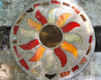 18" Stepping Stone, concrete and hand cut stained glass inlay.  In Stock.  Ready to ship.  Stone pictured if what I send you.