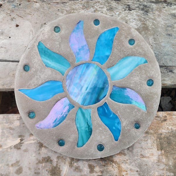 Sun Stepping Stone, 14", Solid Concrete, Stained Glass Inlay, Fun and Functional!  Hand Made In My Garage!