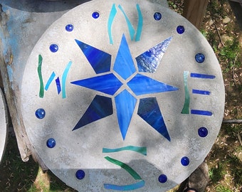 Compass Stepping Stone, 14", Solid Concrete, Stained Glass Inlay, Fun and Functional!  Hand Made In My Garage!