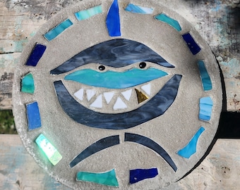 Shark Stepping Stone, 14", Solid Concrete, Stained Glass Inlay, Fun and Functional!  Hand Made In My Garage!