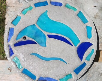 Dolphin Stepping Stone, 14", Solid Concrete, Stained Glass Inlay, Fun and Functional!  Hand Made In My Garage!