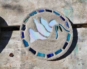 Dove Stepping Stone, 14", Solid Concrete, Stained Glass Inlay, Fun and Functional!  Hand Made In My Garage!