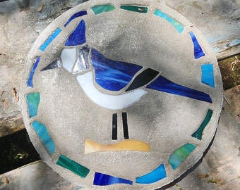 Blue Jay Stepping Stone, 14", Solid Concrete, Stained Glass Inlay, Fun and Functional!  Hand Made In My Garage!