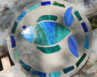 Fish Stepping Stone, 14", Solid Concrete, Stained Glass Inlay, Fun and Functional!  Hand Made In My Garage!