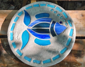 18"  FISH Stepping Stone, concrete and hand cut stained glass inlay.  In Stock.  Ready to ship.  Stone pictured if what I send you.