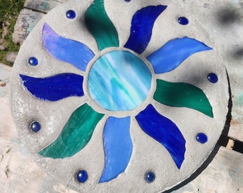 Sun Stepping Stone, 14", Solid Concrete, Stained Glass Inlay, Fun and Functional!  Hand Made In My Garage!